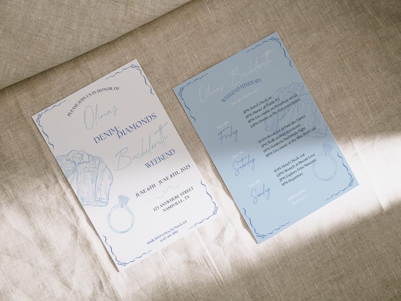 May include: Two blue and white invitation cards for a bachelorette weekend. The first card says "Please join us in honor of Olmas Denim Diamonds Bachelorette Weekend June 6th June 8th, 2023 123 Anywhere Street Nashville, TN". The second card says "Olmas Bachelorette Weekend Itinerary Friday Saturday Sunday".