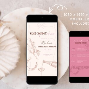 Puede incluir: Dos maquetas de tel&eacute;fonos m&oacute;viles que muestran una invitaci&oacute;n de despedida de soltera rosa y blanca con el texto "Same Cowboy Forever" y "Madison's Bachelorette Weekend". La invitaci&oacute;n presenta un dibujo de l&iacute;nea de un vaquero montando un caballo y una herradura.