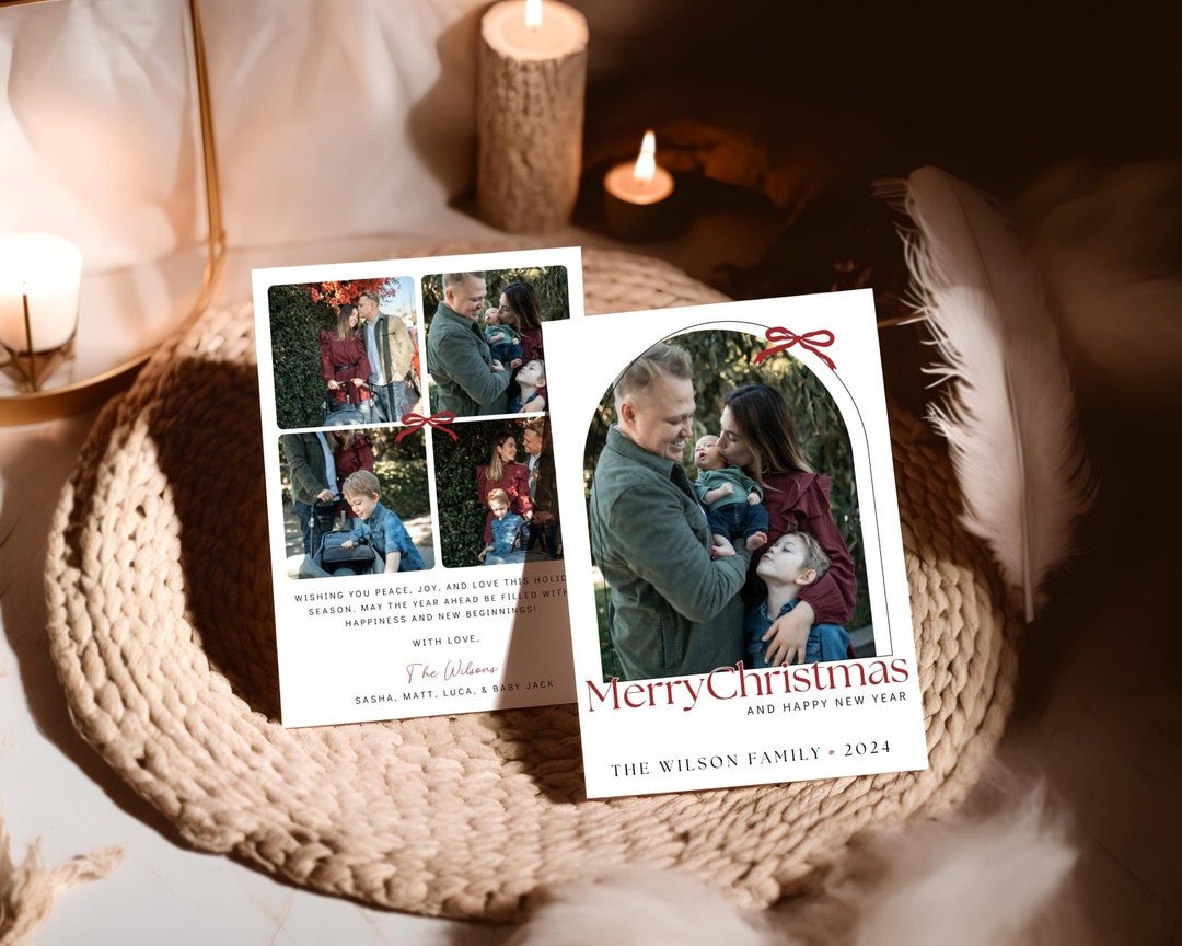 Custom Holiday Photo Card Template, Red Bow Family Christmas Picture ...