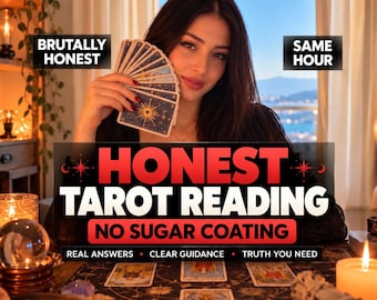 Op de afbeelding: Een set tarotkaarten met een donkerblauw en goudkleurig hemels ontwerp, met de tekst BRUTALLY HONEST, SAME HOUR, HONEST TAROT READING, NO SUGAR COATING, REAL ANSWERS, CLEAR GUIDANCE en TRUTH YOU NEED, weergegeven op een gedessineerd kleed.