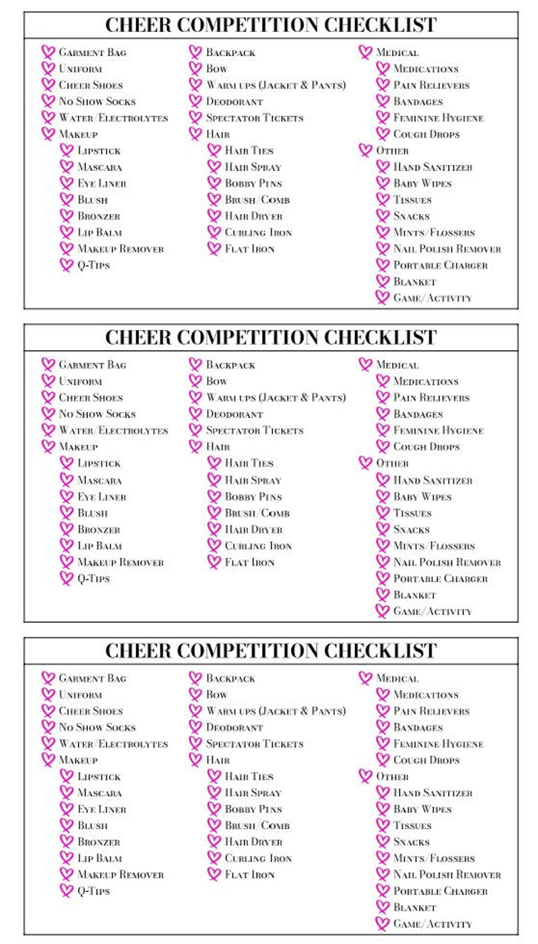 Printable Cheer Checklist | Keychain-sized Digital Download for Garment ...