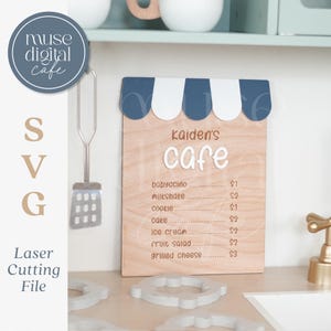 Jeu de cuisine en bois menu conseil SVG, fichier laser de signe de cuisine pour enfants, jeu imaginatif pour tout-petit, décor de salle de jeux de jeu de simulation