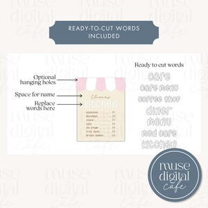 May include: A beige kitchen sign with a pink and white awning design. The sign includes the text "Eliana's kitchen" and a menu with prices. Ready-to-cut words like "cafe" and "diner" are also included.