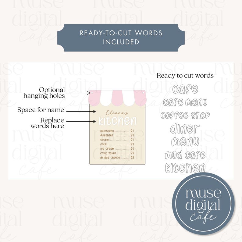May include: A beige kitchen sign with a pink and white awning design. The sign includes the text "Eliana's kitchen" and a menu with prices. Ready-to-cut words like "cafe" and "diner" are also included.