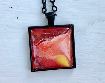 Original Art Pendant, Shades of RED, Gold accented, One of a Kind Art Jewelry, COSMOS Collection