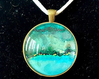 Original Art Pendant, One of a Kind Art Jewelry, COSMOS Collection-Green, Aqua, Pink