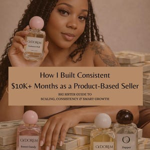 May include: An image featuring four perfume bottles with the brand name "OXDOREM". The bottles have different scents: "Cashmere Fluff", "Sweet Candy", "Cocoa Satin", and "Dapper". The image also includes text: "How I Built Consistent $10K+ Months as a Product-Based Seller".
