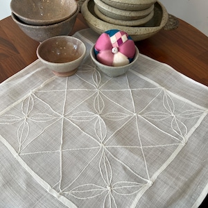 Mantel Bojagi de ramio coreano cosido a mano / Arte textil de lino natural (38 cm x 38 cm)