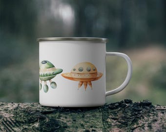 Cute UFO Spaceship Enamel Mug | Sci-Fi Camping Mug