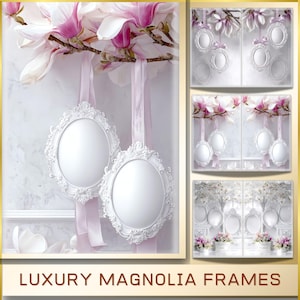 Puede incluir: Marcos ovalados blancos con detalles ornamentados suspendidos por cintas rosas, sobre un fondo de flores de magnolia. Los marcos forman parte de una colección, con el texto "LUXURY MAGNOLIA FRAMES" en la parte inferior de la imagen.