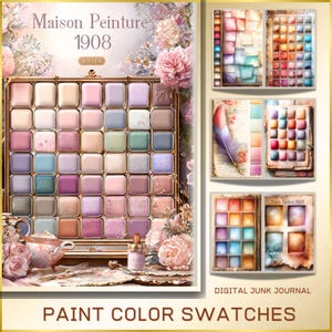 Puede incluir: Diario digital de chatarra con muestras de colores de pintura. La imagen principal muestra una paleta de muestras de pintura cuadradas en varios tonos pastel, con el texto "Maison Peinture 1908" en la parte superior. Páginas adicionales muestran paletas de colores y el texto "Paint Color Swatches".