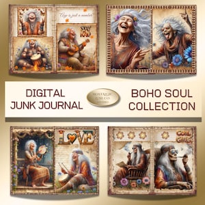 Hippie Funny Old Lady Junk Journal Digital Kit, Boho Soul Vintage Ephemera Pages, Retro Scrapbook Printable Pages, Collage Digital Download