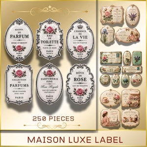 May include: A selection of vintage-style labels with floral and ornate designs. The labels feature French text, including "Maison de Parfum" and "Rêve de Rose." The color scheme includes white, gold, and pink, with a total of 250 pieces.