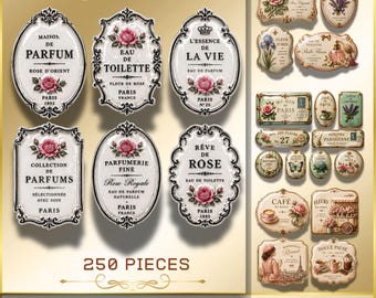 May include: A collection of vintage-style labels with floral and ornate designs. The labels feature text in French, including "Maison de Parfum" and "Rêve de Rose." The color palette includes white, gold, and pink, with a total of 250 pieces.