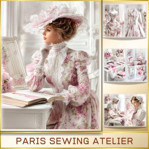 May include: A woman in a floral dress and hat, seated at a desk, with a book open in front of her. The dress and hat feature a pink floral pattern. The image includes a collage of sewing-related items, including a dress form and fabric.