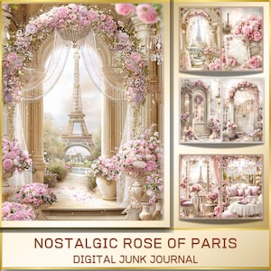 Kit de diario basura estilo shabby chic, páginas digitales de rosas francesas románticas, papeles de scrapbooking victorianos imprimibles