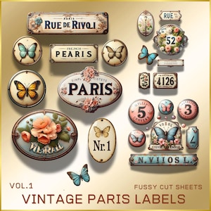 ヴィンテージパリのエナメルラベルセット、印刷可能なレトロな数字タグ、フランスのヴィンテージファジーカットエフェメラ