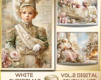 Christmas Victorian Junk Journal, White Xmas Vintage Ephemera, Romantic Journaling Cards, Printable Scrapbooking Pages