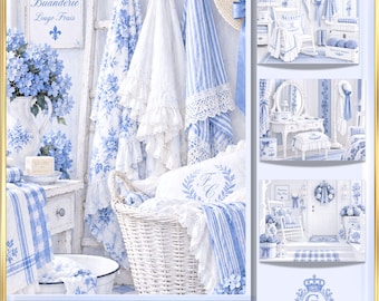 Dziennik w stylu francuskiej wsi, niebieskie kwiaty w stylu shabby chic cottagecore, papiery Grandmillennial, drukowany album vintage