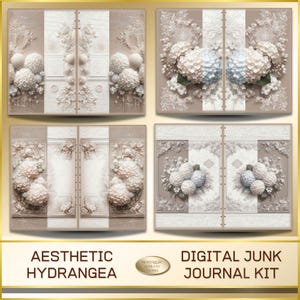 Peut inclure: Kit de journal numérique esthétique d'hortensia. L'image présente quatre panneaux avec des motifs floraux, notamment des hortensias de différentes couleurs. Les panneaux ont une palette de couleurs beige et blanche avec des rayures verticales et des éléments décoratifs. Le texte "Aesthetic Hydrangea" et "Digital Junk Journal Kit" est visible.