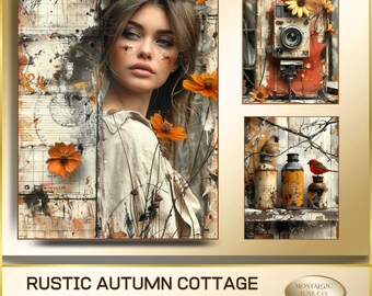 May include: A digital junk journal cover titled "Rustic Autumn Cottage Vol. 2." The artwork features a woman with flowers, a vintage camera, and a still life with birds and bottles. The color palette includes orange, brown, and beige tones.