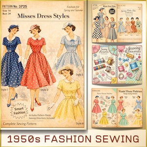 May include: Vintage sewing pattern featuring illustrations of 1950s dresses. The main image shows four dress styles in blue, red, and yellow, with polka dot and solid designs. Additional images showcase sewing accessories and other dress patterns.