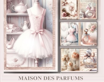 May include: Digital junk journal featuring a pink and white ballerina dress on a mannequin, with a bow at the waist. The image includes perfume bottles, roses, and the text "MAISON DES PARFUMS VOL.2 DIGITAL JUNK JOURNAL."