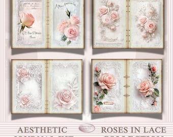 May include: Aesthetic journal kit featuring four open book designs with floral and lace elements. Each spread showcases vintage-style illustrations of roses in various arrangements, with soft pink and cream tones. The text "Roses in Lace Collection" is at the bottom.