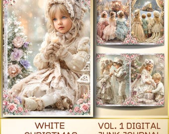 May include: A digital junk journal titled "White Christmas" featuring a young child in a cream-colored dress holding a candle. The journal includes vintage-style illustrations of children in winter scenes, framed with floral borders.