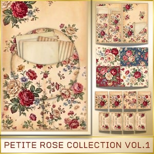 Junk Journal Folio, Printable Shabby Roses Vintage Ephemera, French Pastel Neutral Background, Tags Pocket