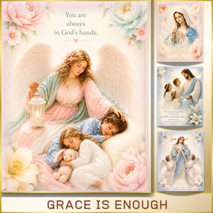 May include: A religious wall art print featuring an angel in a pink dress and light blue shawl holding a lantern over two sleeping children. The text reads, You are always in God's hands. The border is decorated with large pink and white flowers.