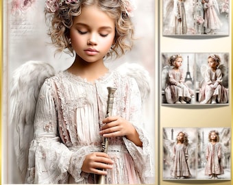 May include: A young girl with angel wings and a floral crown, holding a flute. She wears a white and pink lace dress. The image includes additional panels with similar angel-themed artwork, and the text "PETITE PARIS ANGELS".