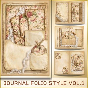 Puede incluir: Un conjunto de estilo folio de diario con una estética vintage. El conjunto incluye un bolsillo grande, etiquetas y tarjetas con estampados florales y detalles de encaje. El texto "JOURNAL FOLIO STYLE VOL.1" está en la parte inferior.