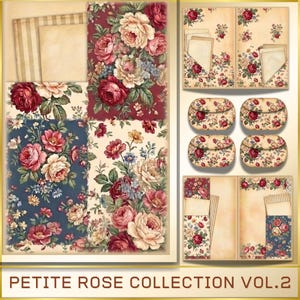 Junk Journal Folio, Printable Shabby Roses Vintage Ephemera, French Pastel Neutral Background, Tags Pocket