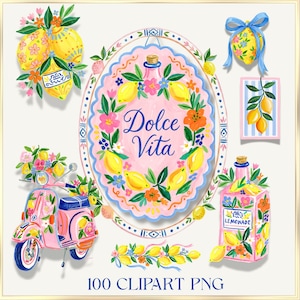 Könnte beinhalten: Ein digitales Illustrationsset mit Zitronen, Blumen und Blattwerk im Aquarellstil. Die Elemente umfassen eine rosa ovale Plakette mit dem Text Dolce Vita, einen rosa Roller, eine Limonadenflasche und einen Zitronenzweig mit einer blauen Schleife.