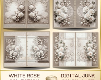 Op de afbeelding: Een digitale junk journal kit met vier ontwerpen met witte rozen en bloemstukken. De ontwerpen hebben een vintage esthetiek met een neutraal kleurenpalet. De tekst luidt "White Rose Collection" en "Digital Junk Journal Kit".
