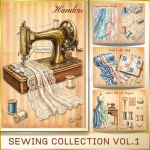 May include: An illustration of a vintage sewing machine with a cream-colored lace fabric. The image includes spools of thread, buttons, and text that reads "Hand Stitch" and "SEWING COLLECTION VOL.1". Additional panels show fabric and sewing tools.