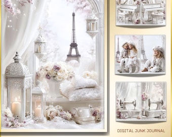 May include: A digital junk journal cover with a Parisian theme. The image features a window with a view of the Eiffel Tower, white lanterns, and a bouquet of roses. The text "WHITE PARISIAN ELEGANCE" is at the bottom.