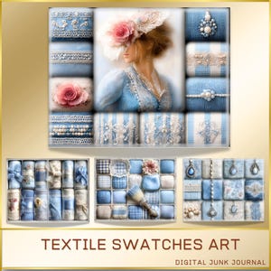 Op de afbeelding: Een artistieke weergave van textielstalen in blauw en wit, met kant, bloempatronen en decoratieve elementen. De afbeelding bevat een portret van een vrouw in een blauwe jurk en een hoed met een roze roos. De tekst "TEXTILE SWATCHES ART" is zichtbaar.