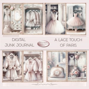 Puede incluir: Página de diario digital con un collage de vestidos y accesorios vintage en tonos rosa pálido y blanco. Se muestra el texto "A Lace Touch of Paris". La imagen incluye un logotipo que dice "Nostalgic Luxe Co. Studio."