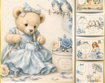 May include: A whimsical illustration featuring a teddy bear in a blue dress, sewing a miniature dress. Two blue birds perch on a clothesline. The image includes the text "Petite Blue Memories" and "Petite Parisienne". Decorative elements include roses and ribbons.