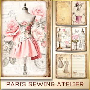 Może przedstawiać: Vintage kolaż z manekinem w różowym i kwiatowym gorsecie i spódnicy, otoczony różowymi różami. Tekst "PARIS SEWING ATELIER" znajduje się na dole. Dodatkowe strony przedstawiają ilustracje związane z szyciem.