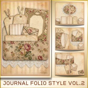 May include: A vintage-style journal folio with floral and striped patterns. The folio includes tags, envelopes, and decorative paper. The main pocket features a floral design with roses. The text "JOURNAL FOLIO STYLE VOL.2" is at the bottom.