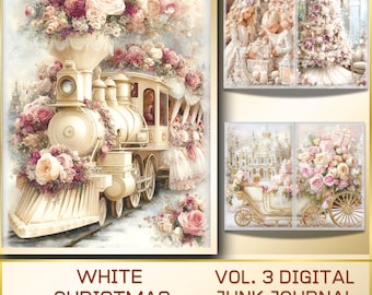 May include: Digital junk journal cover featuring a white steam train adorned with pink and white roses. The text "WHITE CHRISTMAS" is displayed below the train. Additional panels show children, a Christmas tree, and a carriage.