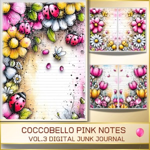 Op de afbeelding: Digitaal junk journal met een bloementhema. Het journal bevat roze, gele en witte bloemen, lieveheersbeestjes en een bij. De tekst "COCCOBELLO PINK NOTES VOL.3 DIGITAL JUNK JOURNAL" staat onderaan.