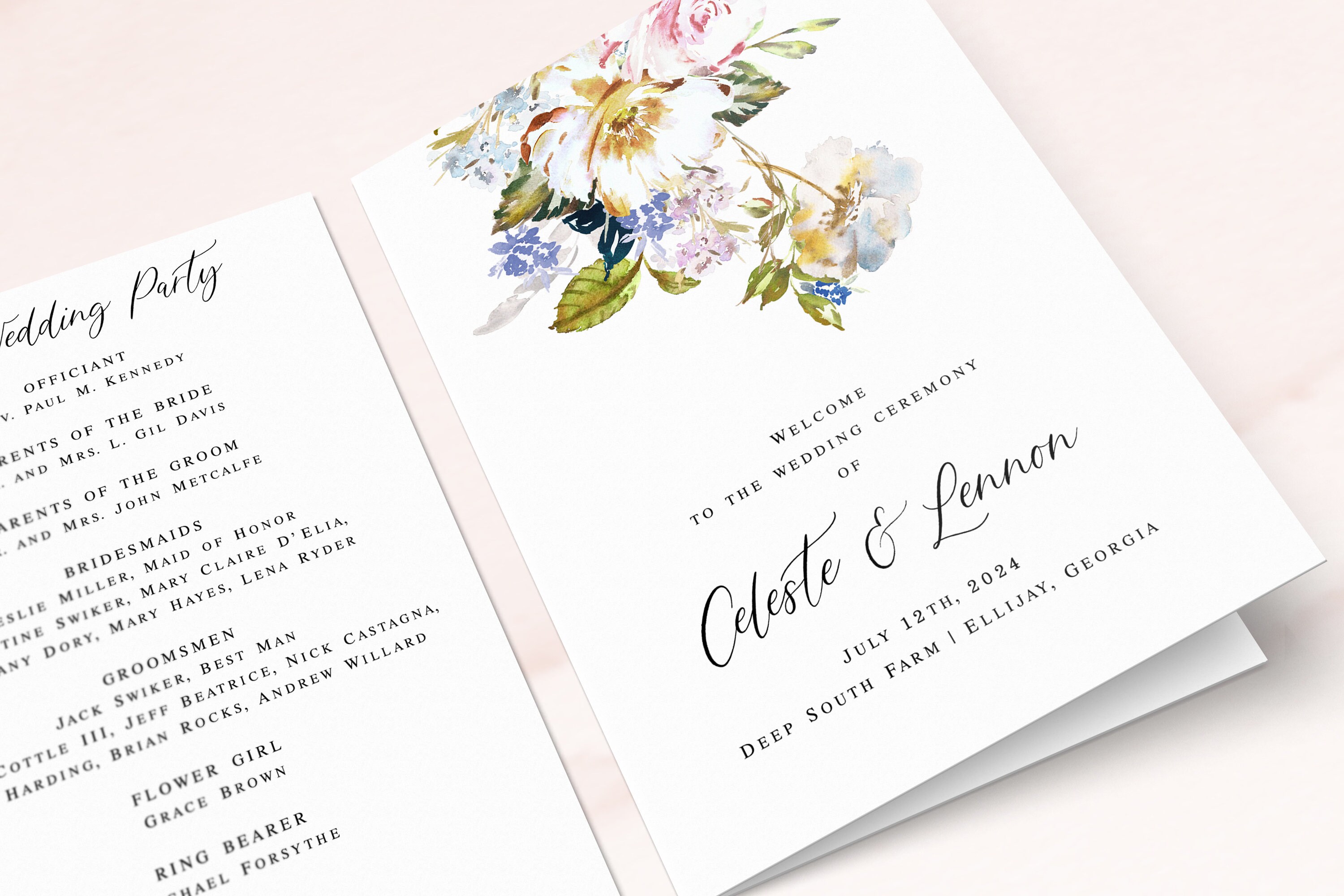 Printed Wedding Program Folded Bifold Program Wedding Party Etsy