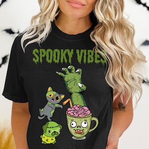 Spooky Vibes T-Shirt, Halloween T-Shirt, Zombie Cat T-Shirt, Zombie Dog T-Shirt, Brain Mug T-Shirt, Halloween Party Shirt for Her, Him