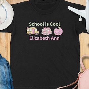 Personalized School T-Shirt, Custom Name Shirt, Back To School Tee, Cool School Bus T Shirt, Kid Appreciate Gift, Gift for Her, Books, Apple