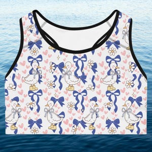 Adorable sujetador floral para entrenamiento con adorables patitos y lazos - Top deportivo único para entrenamiento, regalo para ella, ropa de fitness