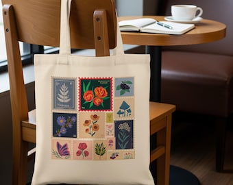 Botanical Stamps Tote Bag, Floral Art Tote Mushroom, Stamp Bag Butterfly Design, Unique Graphic Bag, Gift for Her/Him Nature Lover Gift